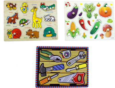 Hnt Kids WOODEN PEGGEDANIMALS VEGETABLES AND TOOLS INSET PUZZLE(27 Pieces)