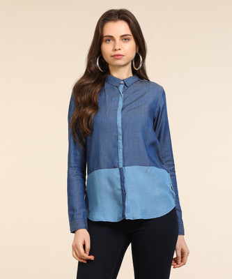 LEE Women Solid Casual Blue Shirt