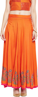 BITTERLIME Self Design Women Flared Orange Skirt