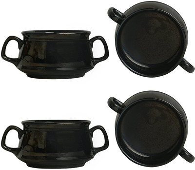 

caffeine Katori Soup Bowl With Spoon in Mettalic Black Double Handled (Set of 4) Ceramic Bowl Set(Black, Pack of 4)