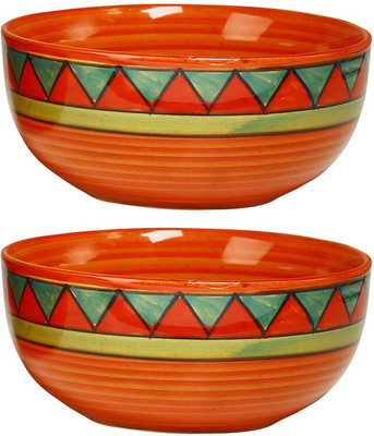 caffeine Katori With Spoon in Orange Triangle (Set of 2) Ceramic Bowl Set(Orange, Green, Pack of 2)
