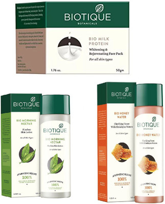 

BIOTIQUE BIO Morning Nectar Flawless Skin Moisturizer, honey gel water clarifying toner, MILK PROTEIN WHITENING & REJUVENATING FACE PACK FOR ALL SKIN TYPES(Set of 3)