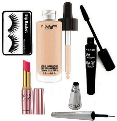 

big Basket Eyelashes,Water weight Foundation, 180 Warp Length Mascara, Liquid Eyeliner, 9to5 Matte Lipstick(Set of 5)