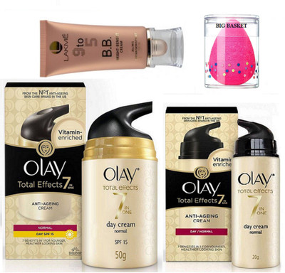 

big Basket sponge puff , day cream 50 g and 20 g with lakme B.B. bright benefit all in 1 instant skin stylist(Set of 4)