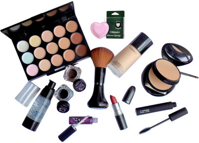 

studio Sponge Puff And Foundation, Compact And Matte Finish Lipstick,Prep+prime Bobble Primer,Staric Glitter Gloss,Zoom lash Mascara, Eyeliner and Makeup Brush,15 Shade Concealer palette(Set of 10)