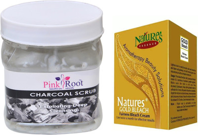 Pink Root CHARCOAL SCRUB 500ML WITH NATURE'S ESSENCE 43G GOLD BLEACH(Set of 2)