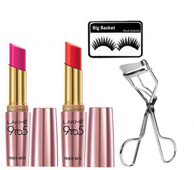 

big Basket Eyelashes , Eyelash Curler & 9 to 5 Lipstick Pack Of 2(Set of 4)
