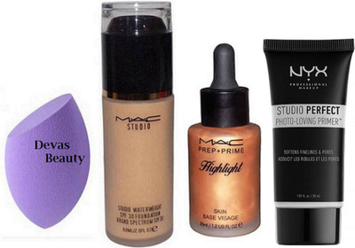 

divas beauty Sponge Puff & Water Weight Foundation 60 ml,Prep +Prime Highlight Skin Base Visage 35 ml, NYX Studio Perfect Photo-Loving Face Primer Gel 30 ml(Set of 4)