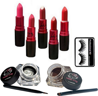 

Professional kit Eyelashes, Gel Eyeliner Two way Black and Brown, Matte Finish Lady Gaga Lipstick Multicolour (Pack of 5)(Set of 7)