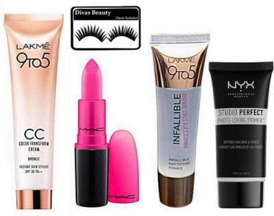 

divas beauty eyelshes & Mac Matte Finish Pink Lipstick & 9 To 5 CC Color Transform Cream & 9 To 5 Infallible Face Primer, NYX Studio Perfect Photo-Loving Face Primer Gel 30 ml(Set of 5)