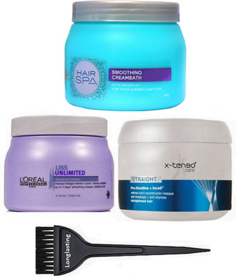 

Longlasting Hair brush & L'Oreal Liss unlimited Keratinoil complex hair spa& Smoothing creambath hair spa, X-Tenso care Hair Spa(Set of 4)