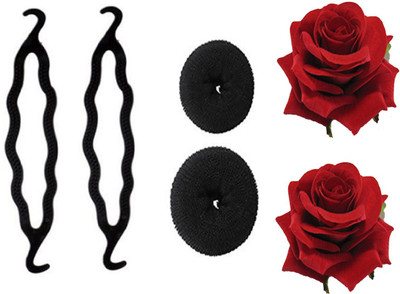 

JAMPAK Hair Donut With Red Rose Clip (Combo Of 6 Pcs)(Set of 6)