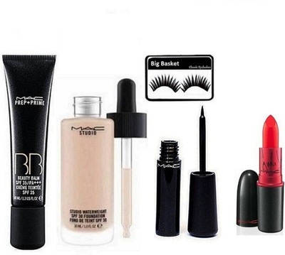 

big Basket Eyelashes,Prep+prime BB Foundation,lady gaga Lipstick, Liquid Eyeliner liquidlast liner Eve-Liner& studio fix waterweight spf 30 pa foundation(Set of 5)