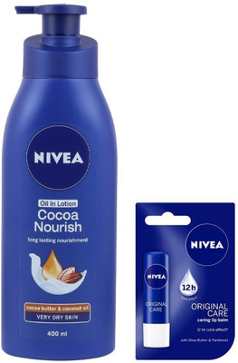 

Nivea Cocoa Nourish Oil in Lotion and Original Care Lip Balm Plain(Set of 2)