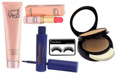 

divas beauty Eyelashes, Weightless Mousse Foundation 29 gm and Primer+Matte Lipstick And Mac Padma Eyeliner Black With Two Way Compact(Set of 5)