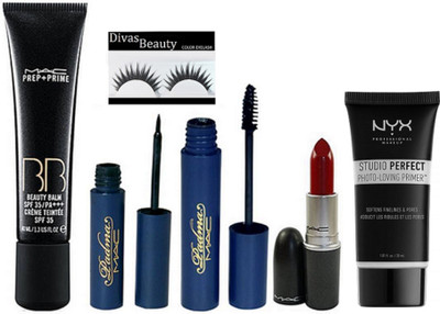 

divas beauty Eyelashes, Mac Prep-Prime B B Cream Founation, Padma Eyeliner & Mascara, Red Lipstick, NYX Studio Perfect Photo-Loving Face Primer Gel 30 ml(Set of 6)