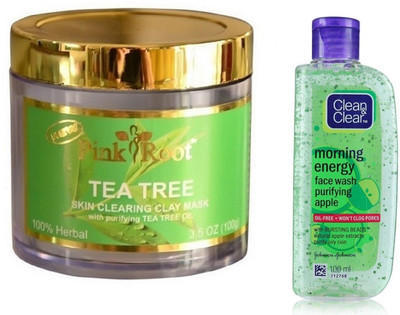 

Pink Root TEA TREE MASK 100G WITH CLEAN & CLEAR APPLE FACE WASH(Set of 2)
