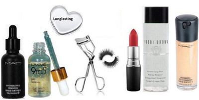 

Longlasting Silicon Puff& Mac Hyper Real, Matchmaster Liquid Foundation,Matte Finish Lipstick,9 To 5 Face Serum, Eyelashes& Its Curler With Bobbi Brown Remover(Set of 8)
