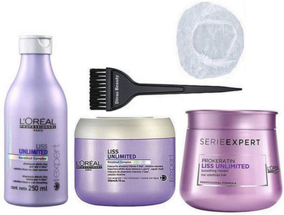 

Divas Beauty Hair Brush, Shawer Cap, L'Oreal Professional Liss Unlimited Smooth Expert Shampoo + Conditioner & SerieExpert Pro+Keratin Masque(Set of 5)