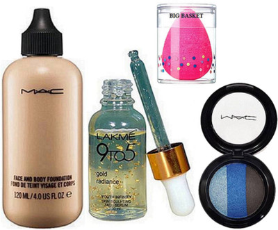 

big basket sponge puff, Mac Face & Body foundation with eyeshadow fard a'joues mineralize & 9 to5 Face Serum(Set of 4)