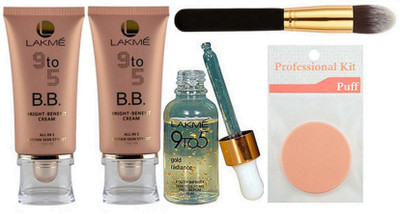 

Professional kit Make Up Sponge Puff, 2 Lakme 9 To 5 B B Cream & Face Serum, Make Up Brush(Set of 5)