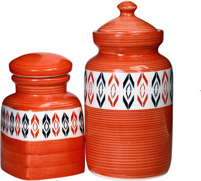 

Caffeine Barni Combo Ceramic in Glossy Orange Arrow (1 Large & 1 Medium Size) (Set of 2) Handmade - 2000 ml Stoneware Grocery Container(Pack of 2, Orange)