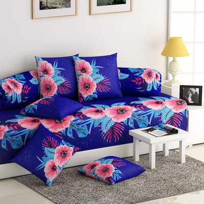 astRa Polycotton Floral Diwan Set(Blue)