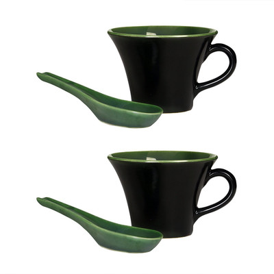 

caffeine Soup with Spoon Stoneware in Black & Green (Set of 2) Handmade Ceramic Mug(300 ml, Pack of 2)
