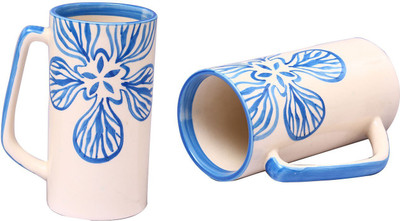 

caffeine Blue Fleur Ceramic Mug(500 ml, Pack of 2), Beige;blue