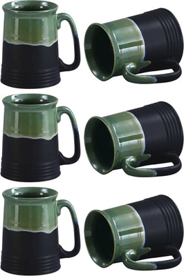 

caffeine Green Studio Ceramic Mug(500 ml, Pack of 6), Black;green