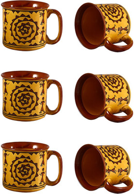 caffeine Mustard Romani Ceramic Mug(550 ml, Pack of 6), Multicolor