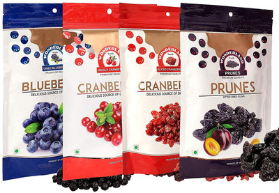 

Wonderland Whole & Sliced Cranberries, Blueberries & Prunes Dried Fruits Combo Pack of 4 (750g) Cranberries, Blueberry, Prunes(750 g, Pouch)