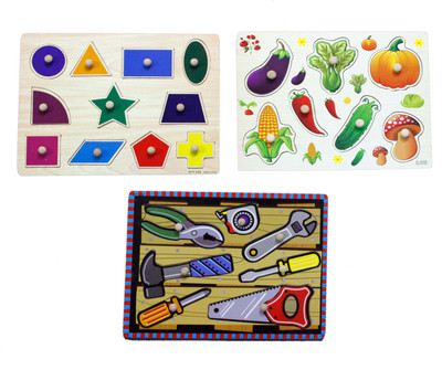 

Hnt Kids wooden pegged vegetable tools and shapes inset puzzle(28 Pieces)