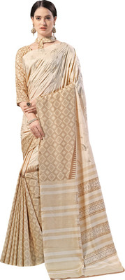 Ratnavati Striped, Checkered Bollywood Silk Blend Saree(Beige)