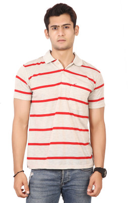 AWACK Striped Men Polo Neck Red T-Shirt