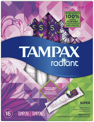 

Tampax Radiant Super Plastic Tampons, Unscented, 16 Count, Packaging May Vary Tampons(Pack of 16)