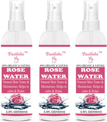 

Vadhika 100 % Organic % Natural Rose Water- For Toner, Cleanser, Nourishing & Refreshing Purposes combo of 3 bottles of 100 ml(300 ml)(300 ml)