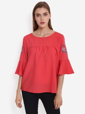 PURYS Casual Bell Sleeve Solid Women Pink Top