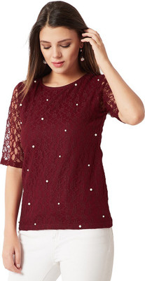 Miss Chase Party Regular Sleeve Self Design Women Maroon Top