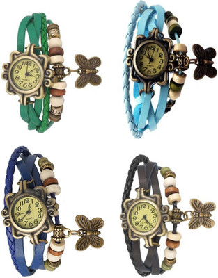 

Mettle Combo Latest Fancy Leather Hand Knit Vintage Watches Dress Bracelet Women Girls Ladies Clover Pendant Retro ( Pack Of 4 )MT-149 Watch - For Women