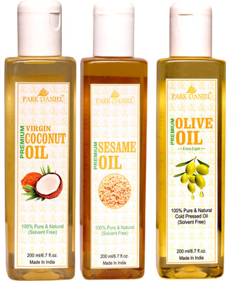 

Park Daniel Extra Light Olive oil, Virgin Coconut oil and Sesame oil Combo pack of 3 bottle of 200 ml(600 ml) Hair Oil(600 ml)