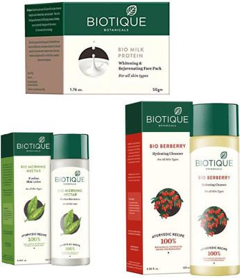 

BIOTIQUE BIO Morning Nectar Flawless Skin Moisturizer, BERBERRY HYDRATING CLEANSER FOR ALL SKIN TYPES, MILK PROTEIN WHITENING & REJUVENATING FACE PACK FOR ALL SKIN TYPES(Set of 3)