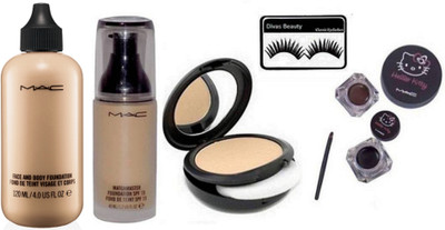 

divas beauty eyelashes & Mac MatchMaster Foundation & hello kItty Gel Eyeliner & Studio Fix Compact,Liquid Foundation Face & Body 120 ml(Set of 5)