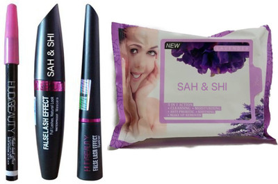 

Sah&Shi Cleansing And Makeup Remover 25pcs facial Wipes (Lavender) with Huda Mascara,Liquid Eyeliner and Eyebrow Pencil(Set of 4)
