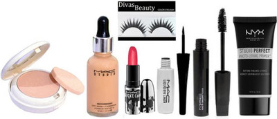 

divas beauty Eyelashes & Mac Lightful Two Way Compact With Mac Waterweight SPF30 Foundation, Mac liquid Eyeliner & mac Zoom Lash Mascara & mac Brook candy Lipstick, NYX Studio Perfect Photo-Loving Face Primer Gel 30 ml(Set of 7)