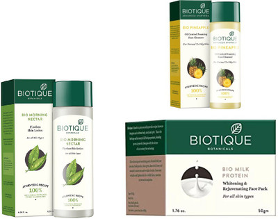 

BIOTIQUE BIO Morning Nectar Flawless Skin Moisturizer, PINEAPPLE OIL CONTROL FACE CLEANSER , MILK PROTEIN WHITENING & REJUVENATING FACE PACK FOR ALL SKIN TYPES(Set of 3)