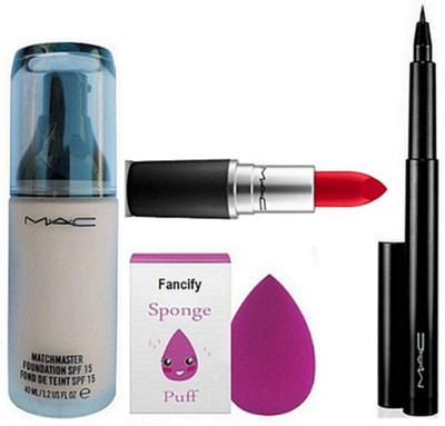

Fancify Sponge puff & MAC Match Master SPF15 Make-Up Foundation & mac pen eyeliner& Lipstick(Set of 4)