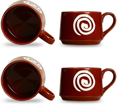 

caffeine Tea Cup Ceramic/Stoneware in Brown & White Doodle Cubic Ceramic(Brown, Pack of 4)
