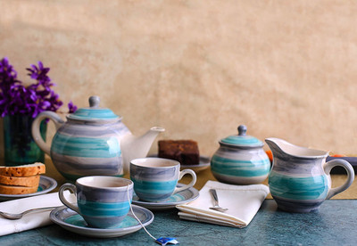 

caffeine Handmade Elegant Horizontal Pattern Tea Kettle Set Stoneware(Multicolor, Pack of 15)
