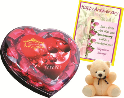 

Skylofts Chocolate Valentine's Heart Box with a cute teddy & an anniversary card Combo(130gms)